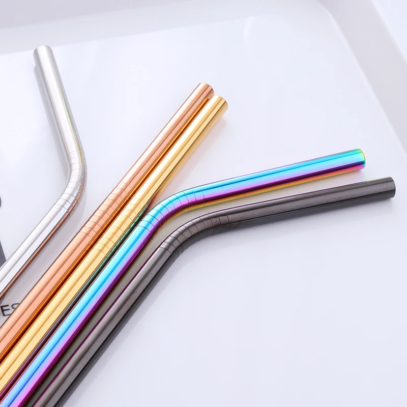 2PCS Colorful Stainless Steel Reusable Metal Drinking Straws For Kids Straight and Bent +1 Brush For Home Party Bar Accessories