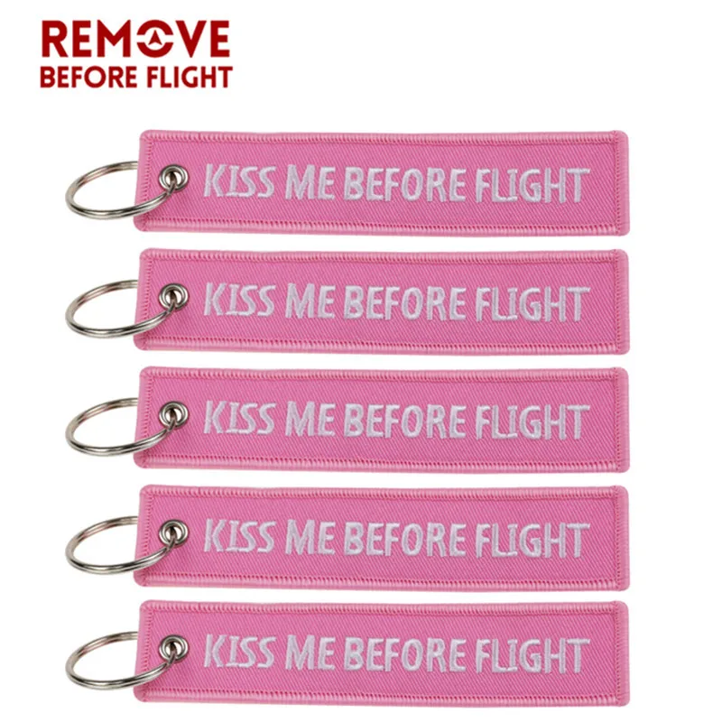 5 PCS lovely Pink Keychain Kiss Me Before Flight Key Ring Embroidery Key Fobs Key Chain Bag Car Hanging Pendant Jewelry For Cars