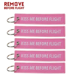 5 PCS lovely Pink Keychain Kiss Me Before Flight Key Ring Embroidery Key Fobs Key Chain Bag Car Hanging Pendant Jewelry For Cars