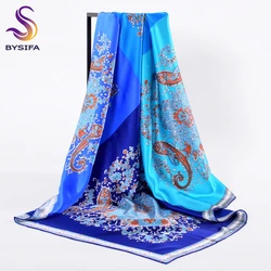 BYSIFA Winter Blue Silk Scarf Shawl New 100% Silk Crepe Satin Silk Large Sqaure Scarves Wraps Spring Autumn Women Elegant Cape