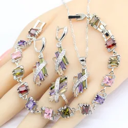 Silver Color Bridal Jewelry Sets for Women Wedding Multi Zircon Earrings Bracelet Necklace Pendant Gift Box