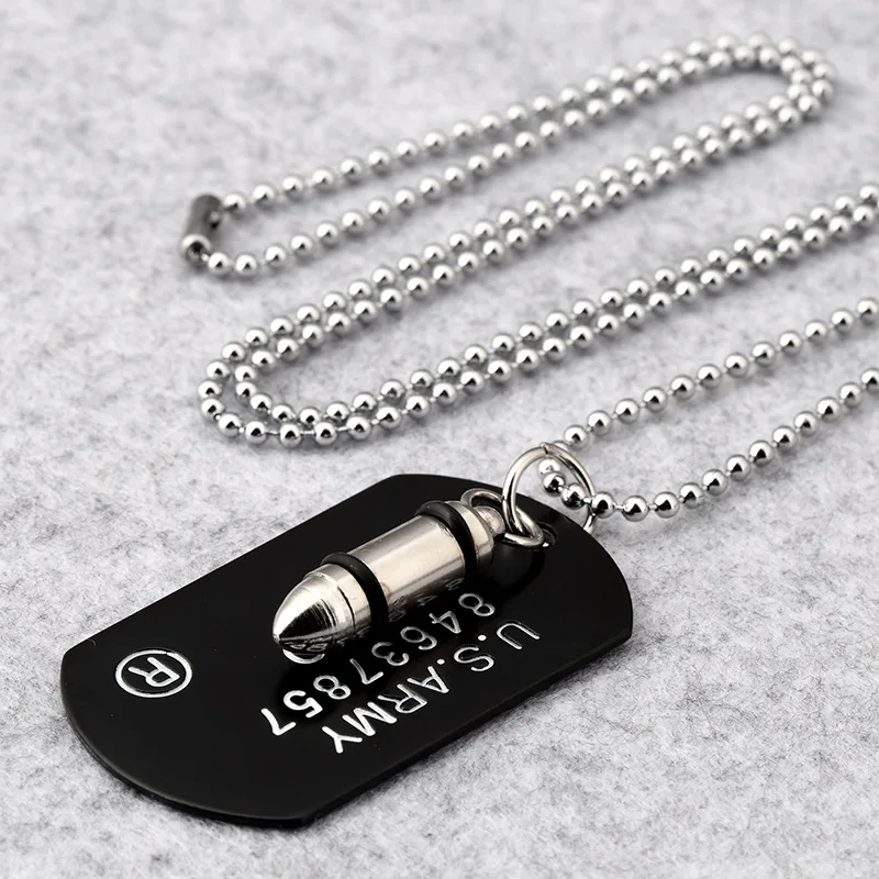 wholesale price hip hop Stainless steel Jewelry U.S. Army Style Bullet Dog Tag Pendants Men women USA America soldier Necklaces