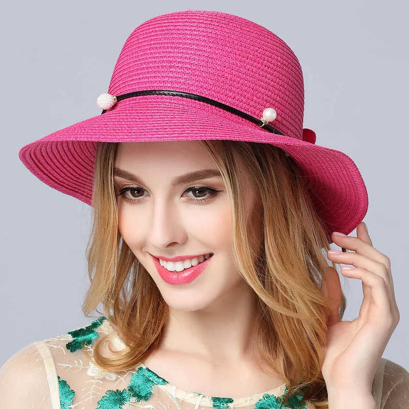 

New Pearl Flower Straw Hat Fashionable Beach Basin Sun Cap Girls Leisure Sunshade Straw Cap Wide Brim Sunscreen Hat B-8531