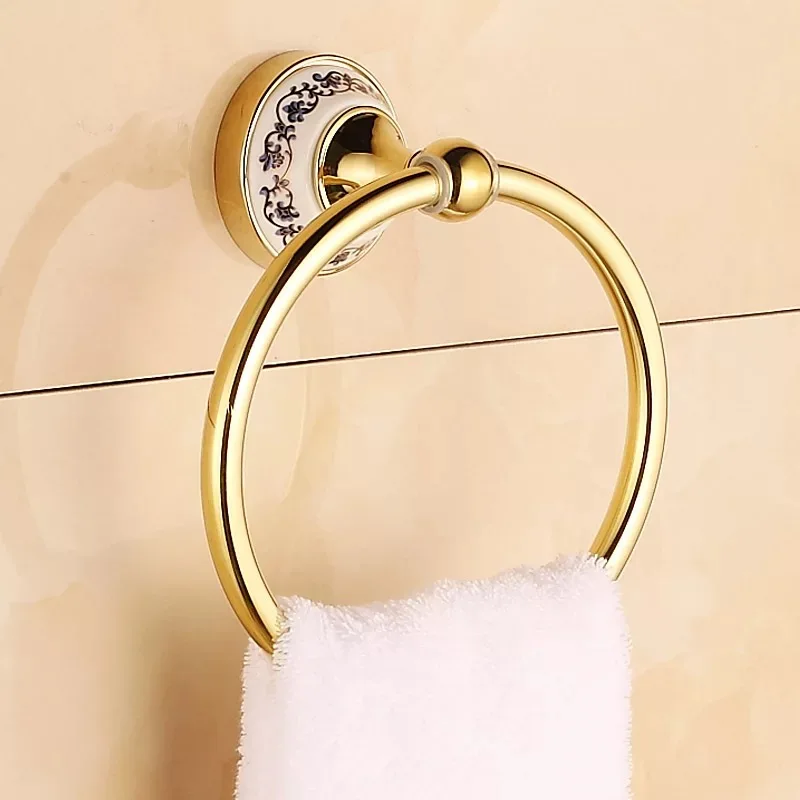 European gold towel rings Stainless steel towel racks High-top ceramic towel racks Blue and white porcelain bathroom accessories