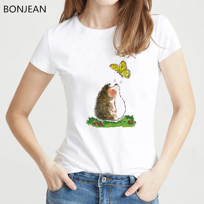 Women Clothes 2024 Cute Butterfly Mushrooms Hedgehog T Shirt Femme White Summer Top Female Animal Print Tshirt Drop Shipping