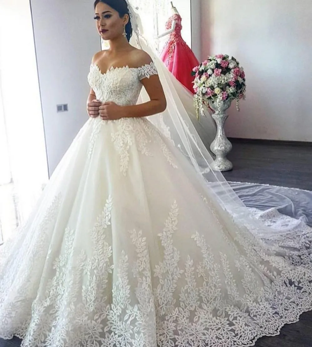 Đầm Phối Ren Sang Trọng Cưới 2019 Đầm Khiêm Tốn Appliques Lệch Vai Công Chúa Cô Dâu Đầm Weding Đồ Bầu Áo Dây De Mariage