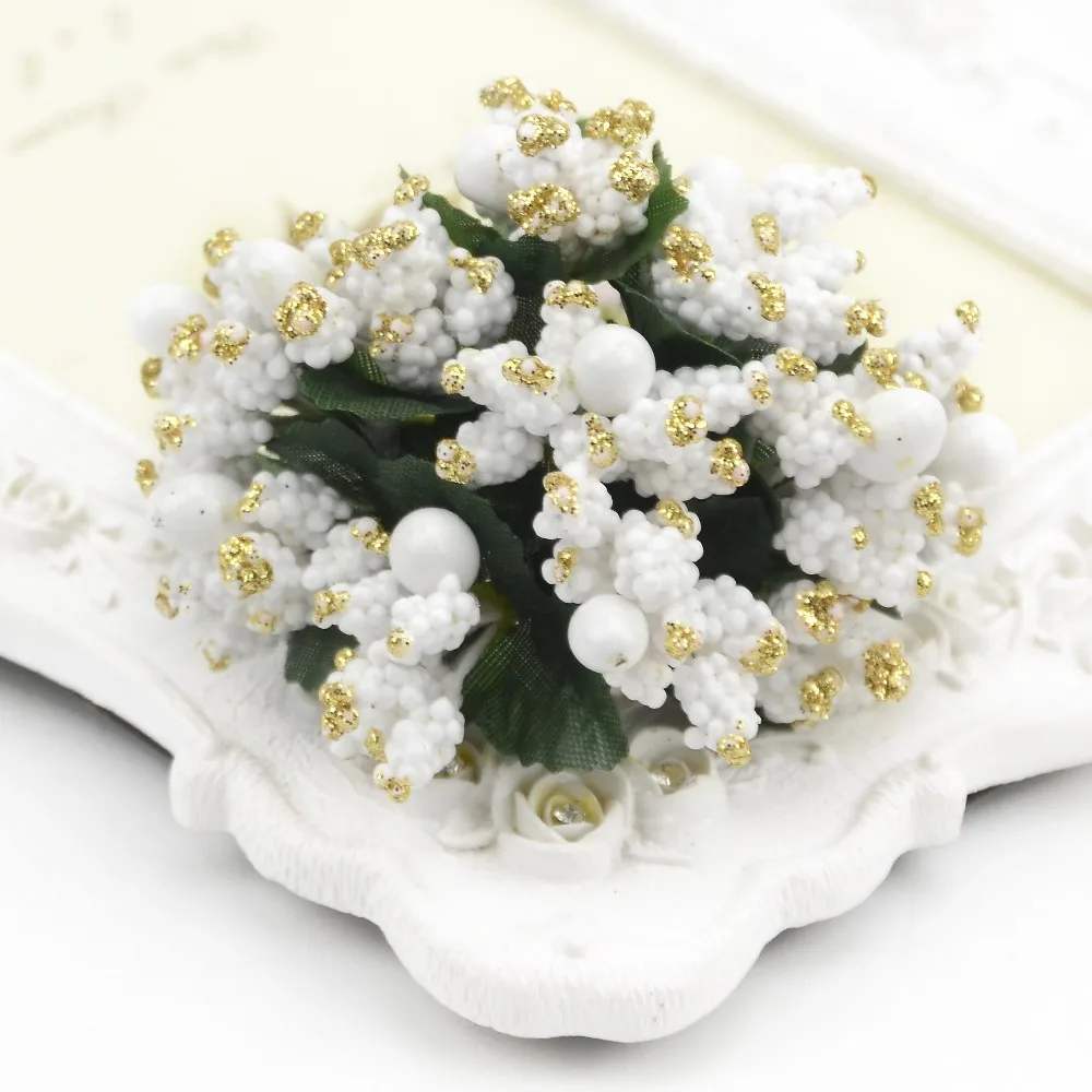 12pcs/1bunch White Mini Bouquet Artificial Flowers Stamen Berry Wedding Party DIY Wreath Scrapbooking Box Decoration Fake Flower