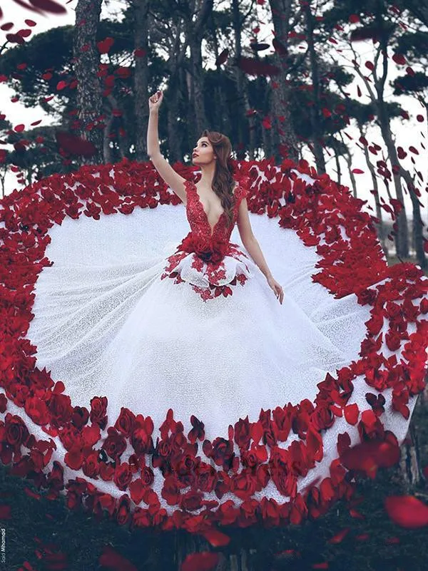 Red and White Wedding Dresses with 3D Handmade Flowers Peplum Sexy Deep V Neck Saudi Arab Women Dresses for Wedding Party Gowns