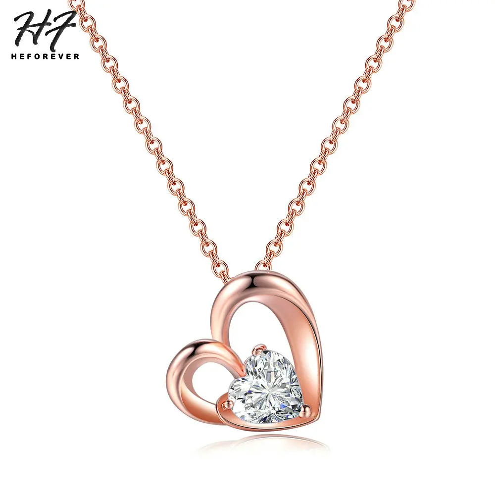 Romantic Lovely Heart Wedding Pendant Necklaces for Women Rose Gold Color AAA+CZ Fashion Jewelry Xmas Gift N056