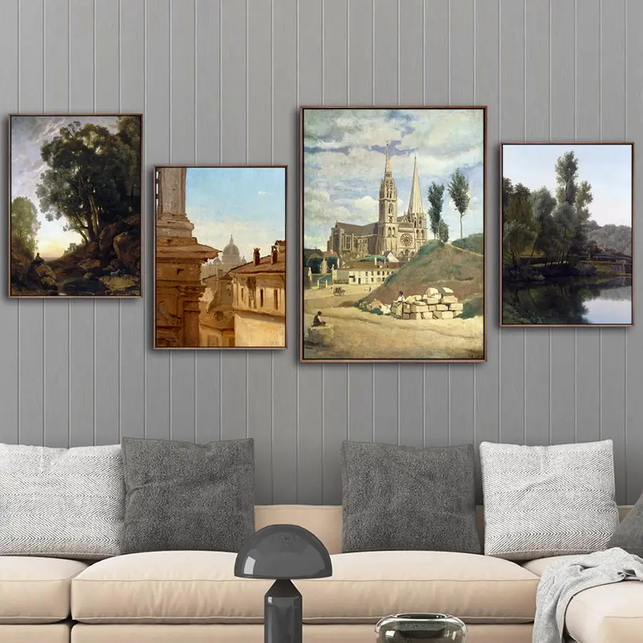 Home Decoration Print Canvas Art Wall Pictures Poster Canvas Printings Paintings French Camille Corot Cathedrale de Chartres