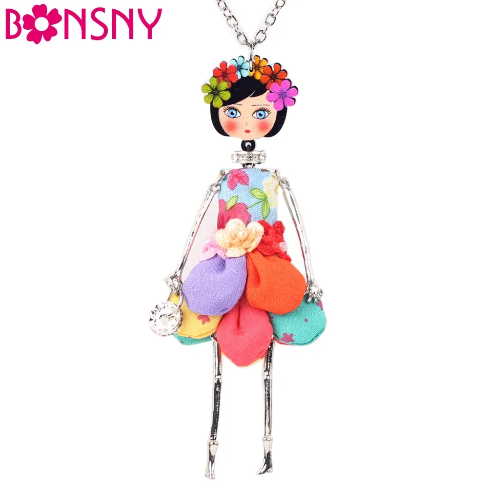 Bonsny Statement Flower Doll Necklace Dress Handmade French Doll Pendant News Alloy Girl Women Flower Fashion Jewelry Gift