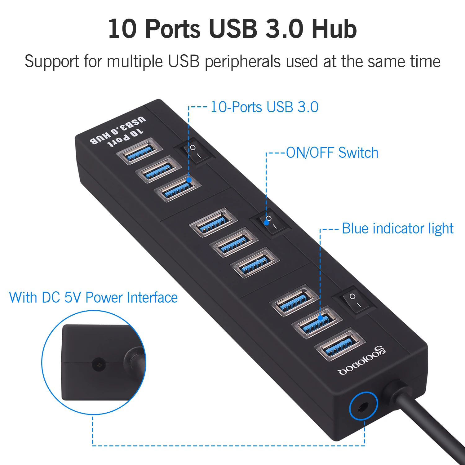 High Speed 10 Port USB 3.0 Hub USB Splitter With On/Off Switch EU/US Power Adapter for MacBook Laptop PC Accessories Extender