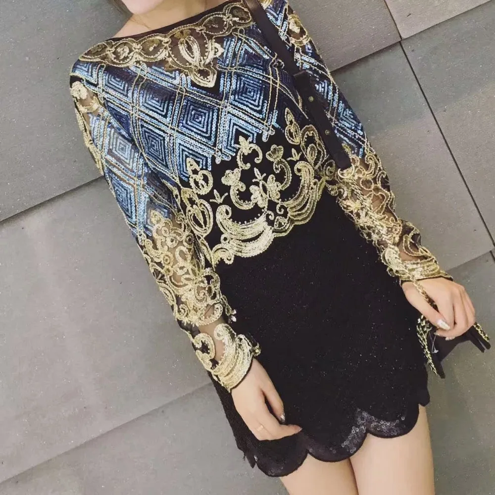 Luxury Party Clothes Women Handwork Short Blouse New Long Sleeve Golden Sequined Shiny Blouses Beading Woman Clothing NS538