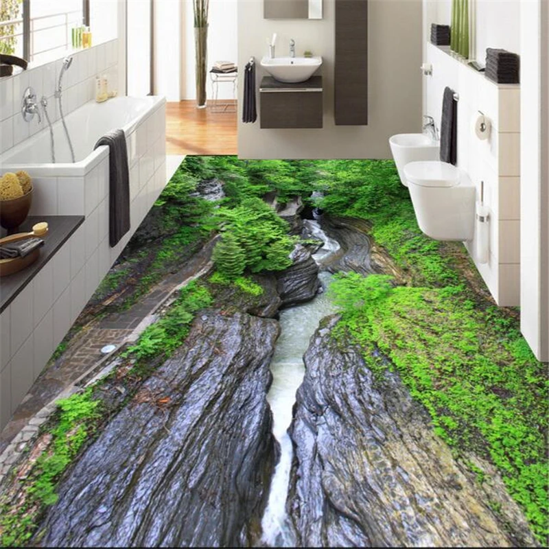 Beibehang Custom Wallpaper Bathroom Green Grand Canyon Water Flooring Sticker PVC Wear Anti - slip Wallpaper Kitchen 3d flooring