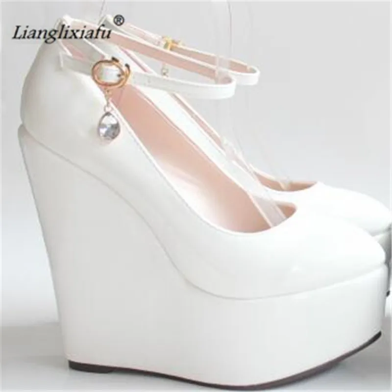 Small Yards:30 31 32 33 34 Plus Size Sweet Wedges Stilettos Wedding Shoes For Woman Sexy 15cm High Heels Platform Buckle Pumps