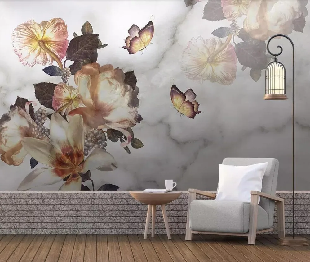 

European modern fashion hand-painted flower butterfly jazz white marble background wall