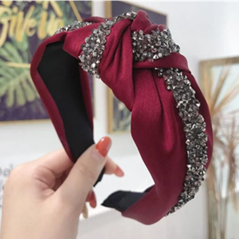 Wine Red Satin Crystal Headband for Women Hair Accessories Shiny Rhinestone Hairband Adults Top Knot Hairband Casual Headdress