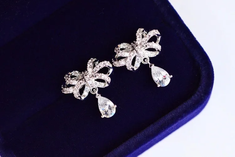 925 silver needle Jewelry Shiny Cz Zirconia Bowknot Stud Earrings Pendientes Boucles D\'oreilles S-e349