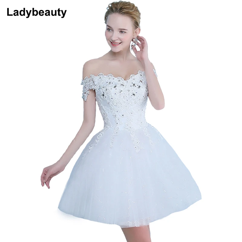 Vestido De Noiva 2020 Bridal Dress Off the Shoulder Crystal Ball Gown Lace Fashionable Romantic Short Wedding Dress