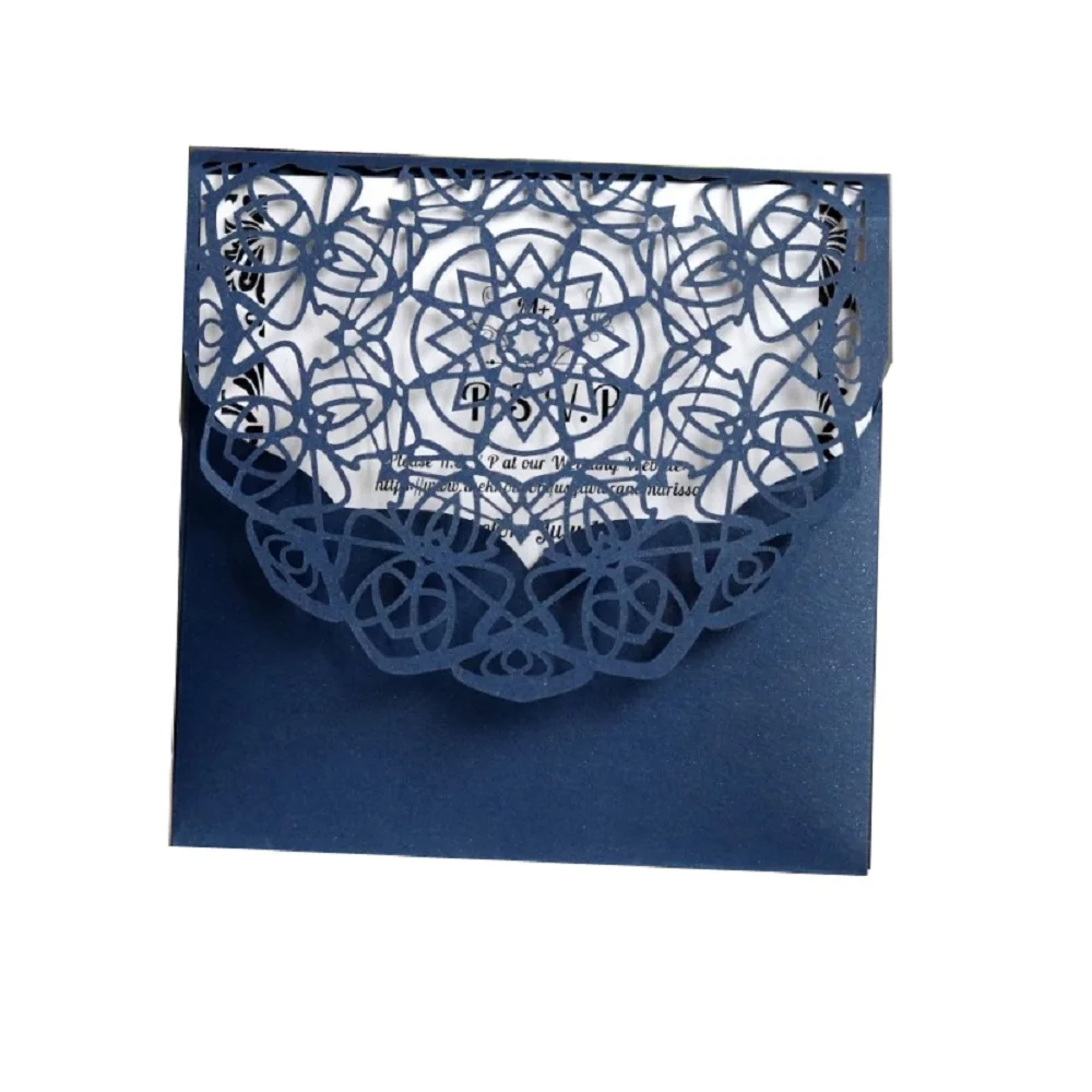 

50pcs Blue Square Wedding Invitations Laser Cut Hollow Lace Invites Wedding & Engagement Cards