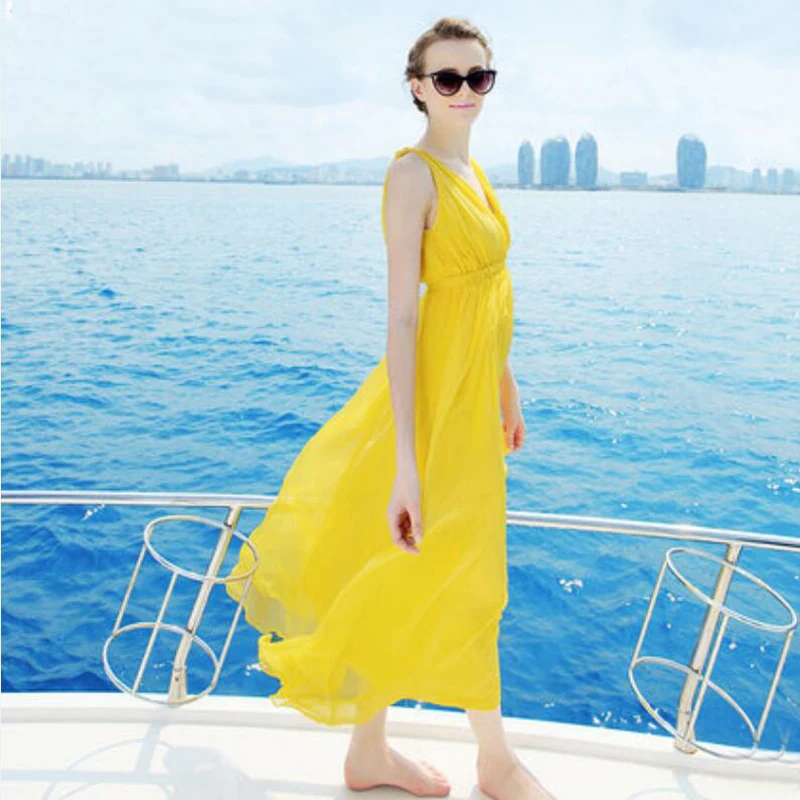 Women Silk dress Long Beach dress Shell 100% Natural Silk Solid dress summer dresses V-Neck Sleeveless Free Shipping HOT Sell