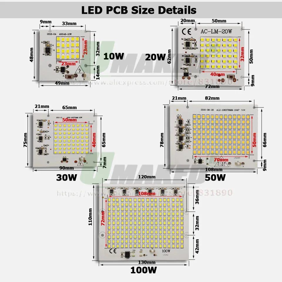 AC220V LED PCB 10W 20W 30W 50W 100W Floodlight Aluminum Plate White/Warm SMD2835 Smart IC Driver Module For Spotlight Lamps DIY