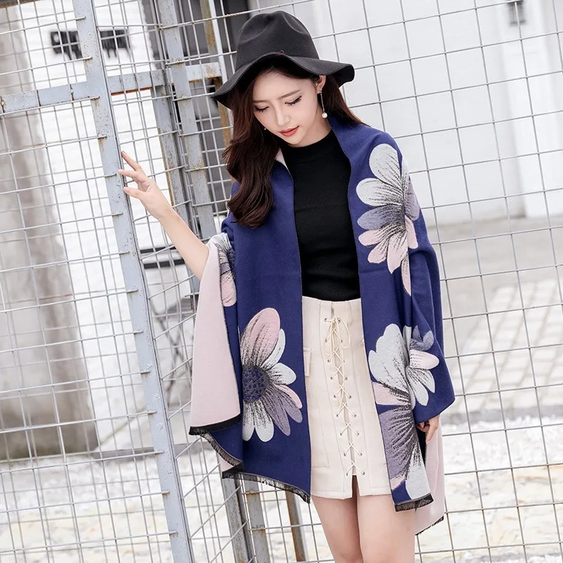 

Mingjiebihuo Autumn new large flower warm scarf woman Winter long wearing fur scarf dual use New fashion