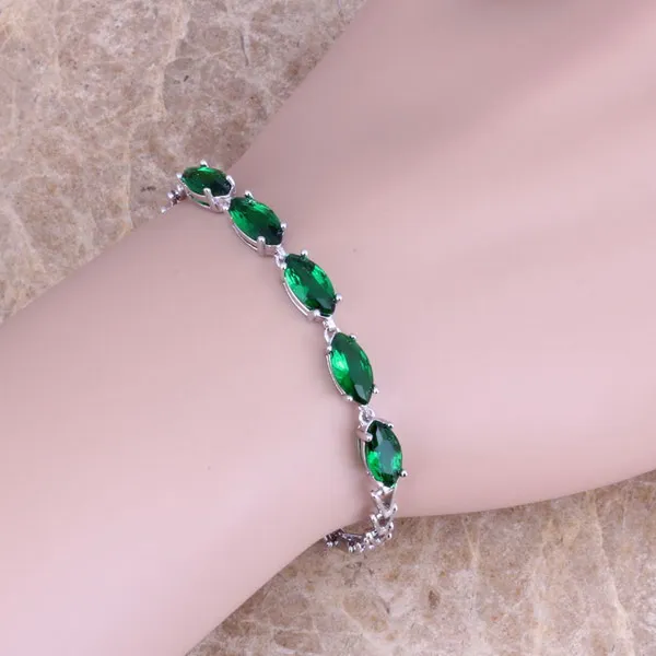 Elegant Green Cubic Zirconia Silver Plated Link Chain Bracelet 7 inch S0334