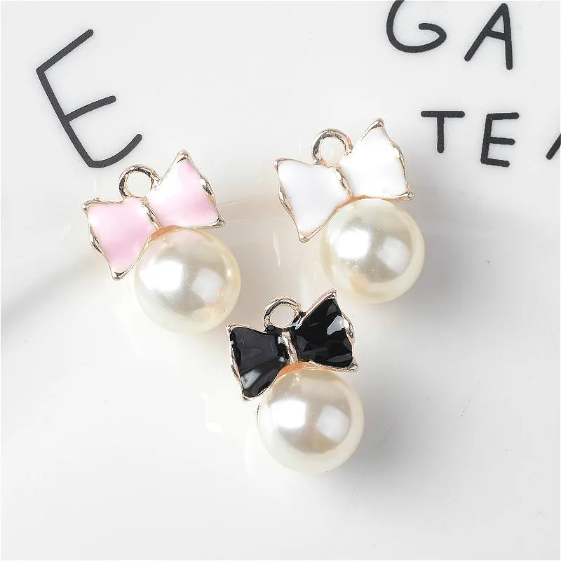 

50PC 15*20mm Gold color Alloy Material Pearl Enamel Bow Charm Oil drop pendant for Earring Bracelets Necklace DIY Jewelry Making