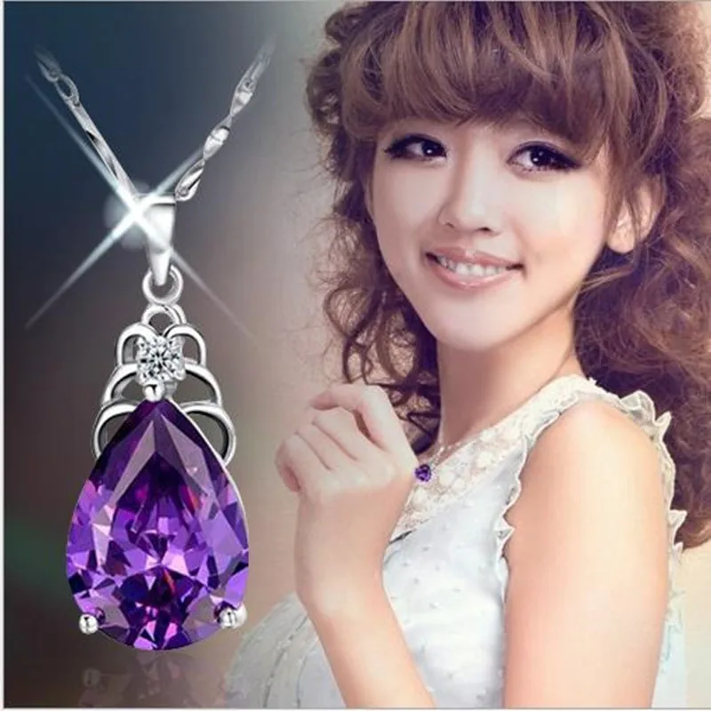 

Trendy Crystal Purple Water-Drop Pendant Necklace Female Party Accessories Charm Silver 925 Necklace For Women Jewelry Bijou
