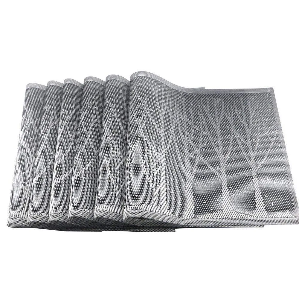 

Set of 6 Place Table Mats PVC Non Slip Washable Dining PVC Forest Tree Table Placemat Coasters Waterproof Silver Table Pads Tool