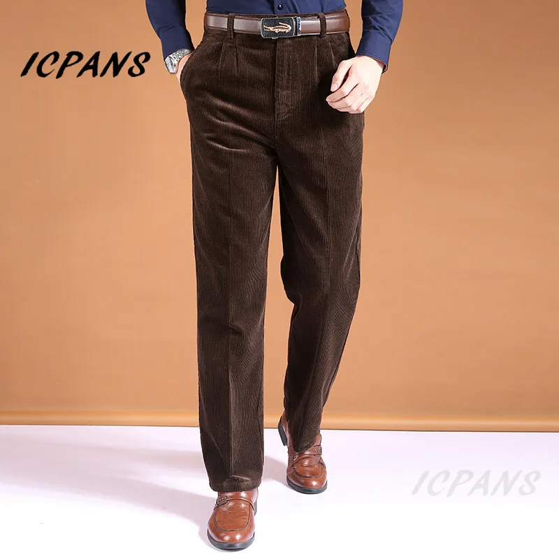 ICPANS Corduroy Men Trousers Straight Thick Warm Autumn Winter Men Pants High Waist Mens Pants Plus Size 40 42 44 46