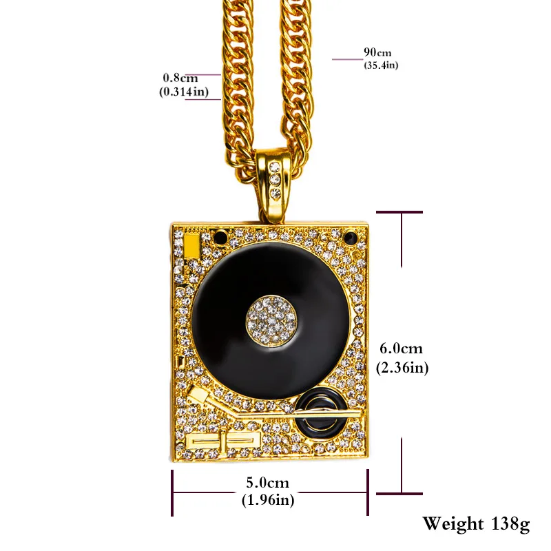 High Quality Gold Plated Hip hop Rapper Nightclub DJ Phonograph Round Square Crystal Pendants Necklaces 80cm Long Jewelry