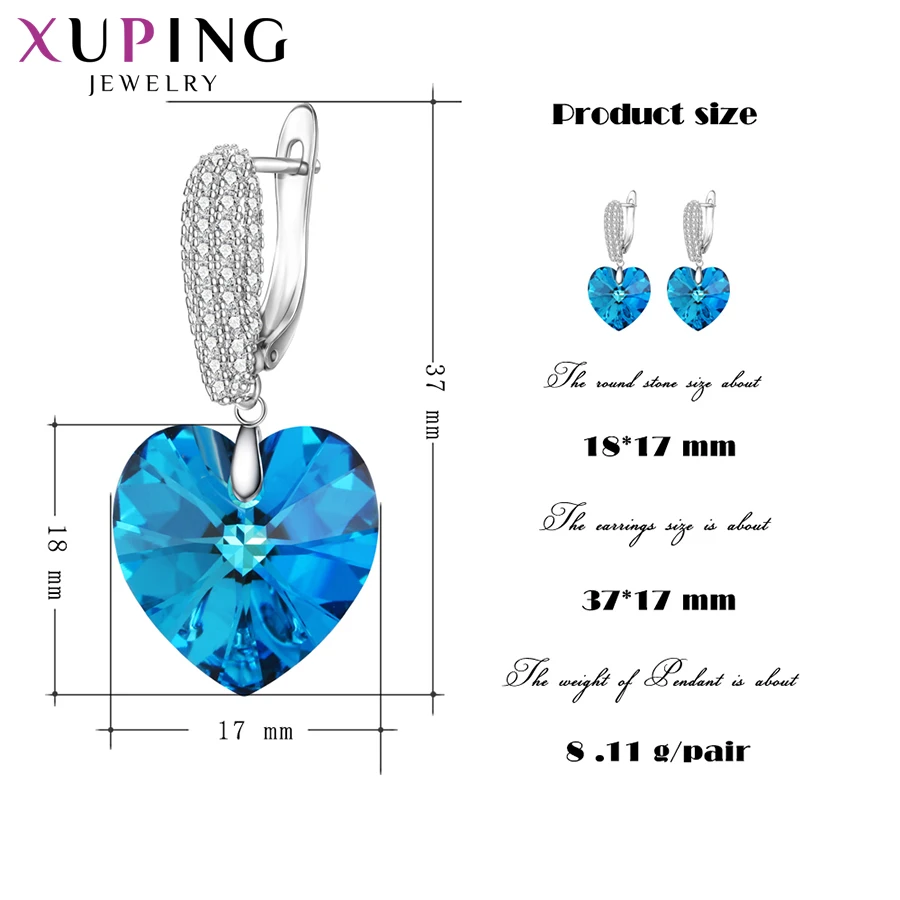 Xuping em forma de coração brincos de cristal para mulheres, adoráveis joias, encantos elegantes, presentes para mãe, festa feminina, A00623929