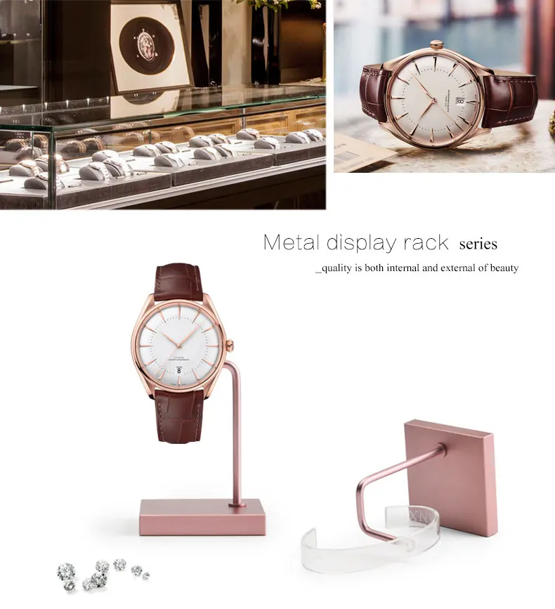 Oirlv Schwarz/Rosa Metall-Uhrenständer mit Acryl-Uhrenaufbewahrungsregal, Schmuck-Organizer, Theken-Schmuckständer für Juweliergeschäfte – Detail 3