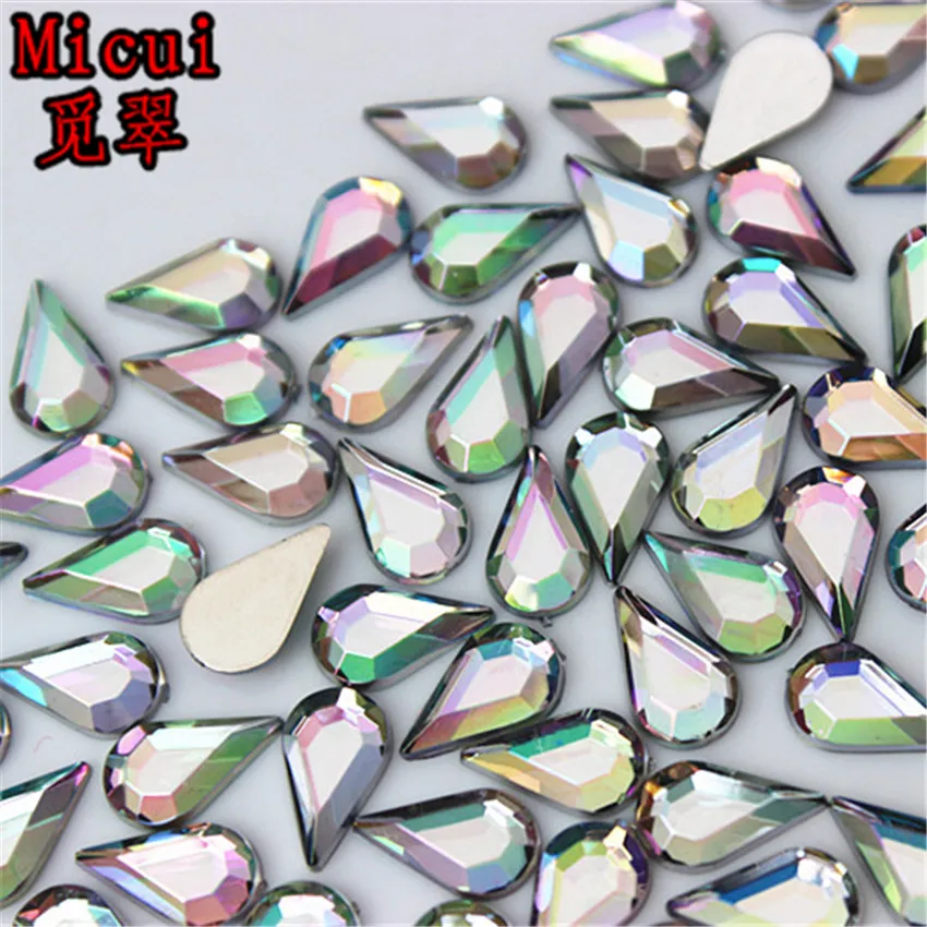 Micui 100pcs 6*10mm Mix Color Drop Rhinestones Flat Back Acrylic Gems Crystal Stones Non Sewing Beads for DIY Clothes MC311