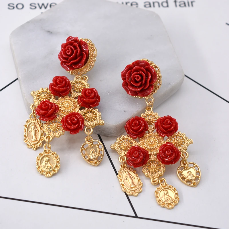 Baroque Metal Big Long Earrings For Women Long Earrings Vintage Rhinestone Flower Coin Drop Earring Fashion Jewelry