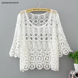 Qiukichonson White Lace Blouse Short Sleeve Women Summer Tops Ladies Cute Hollow Out Crochet Bikini Cover Up Sunproof Cardigan