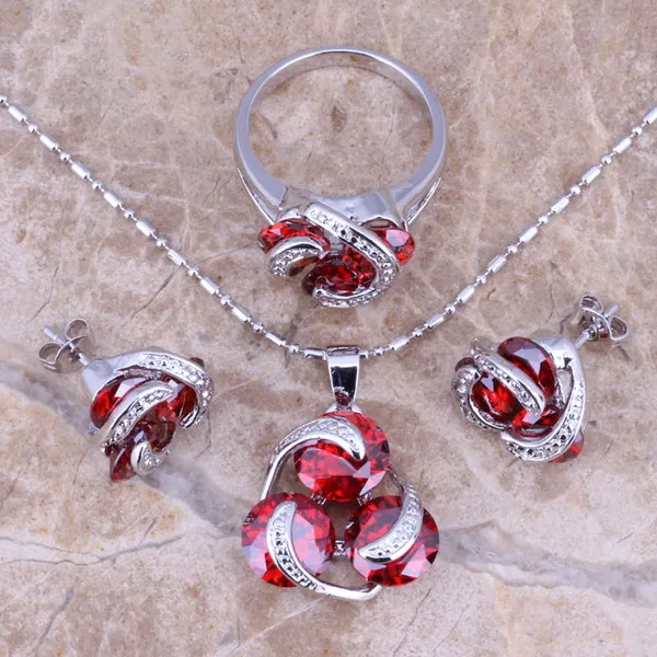 Valuable Red Garnet Silver Plated Jewelry Sets Earrings Pendant Ring Size 5 / 6 / 7 / 8 / 9 / 10 S0124