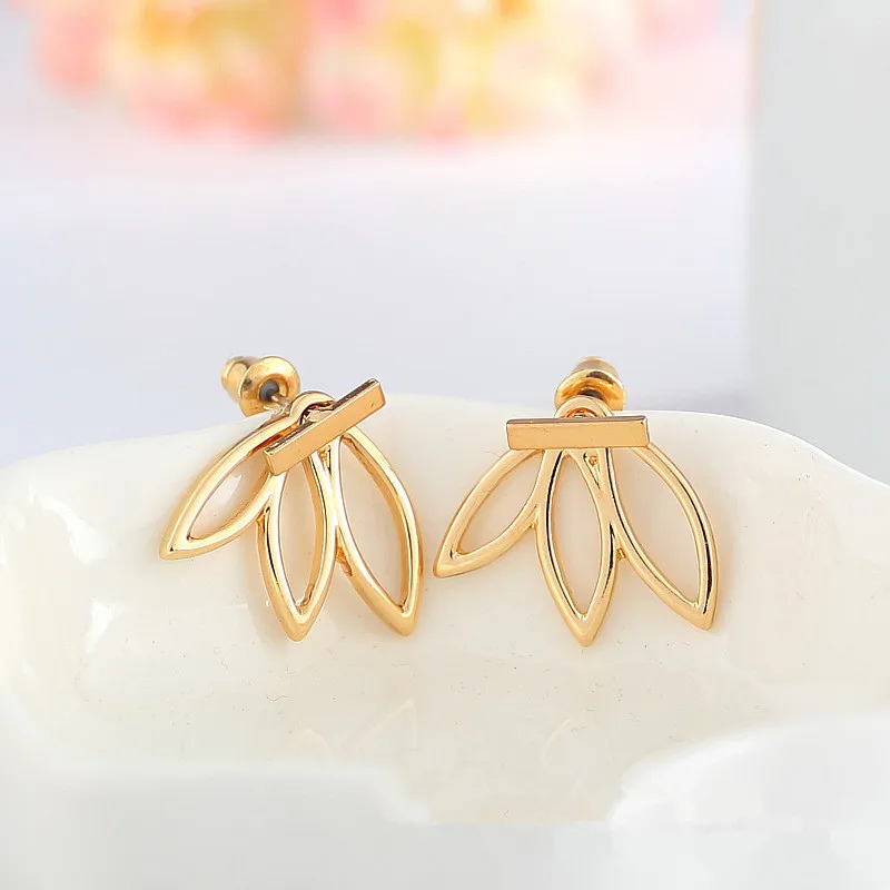 Fashion Personality Simple T Bar Earrings Hollow Lotus Earrings Gold Silver Plated Women Double Face Stud Earrings Jewelry