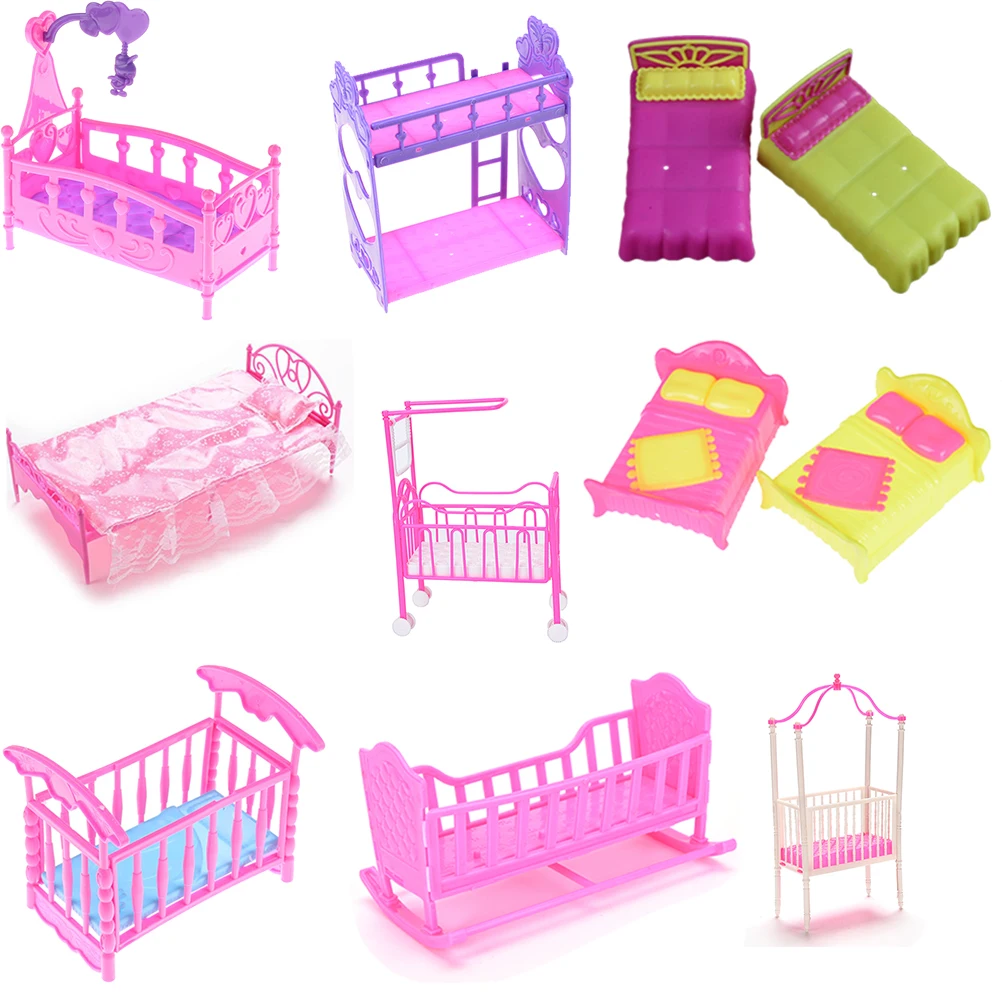 1pcs 9 Styles Fashion Plastic Bed Bedroom Furniture For Girl Dolls Dollhouse Pink Yellow Or Purple Girl Birthday Gift