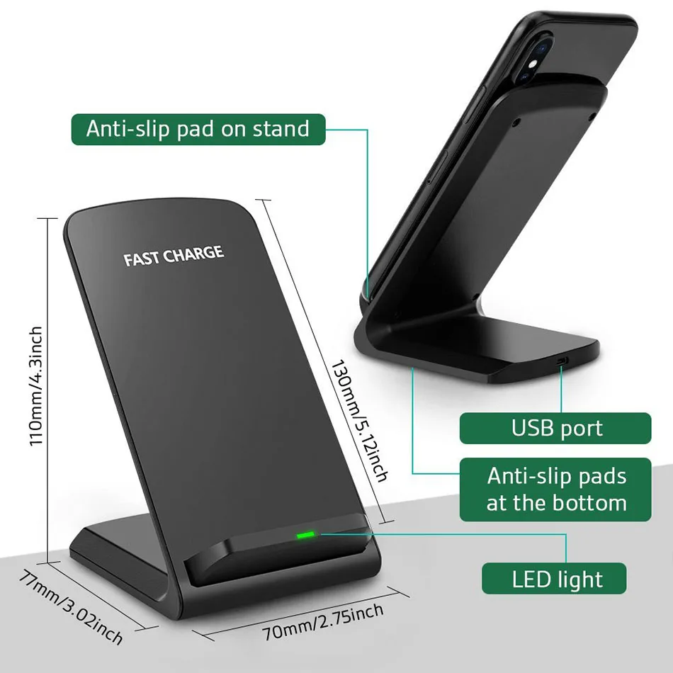 30W  Wireless Charger Quick Charge 3.0 Fast Charging for iPhone 14 10 X XR Samsung S10 S7 S8 S9 2-Coils Stand 5V/2A & 9V/1.67A