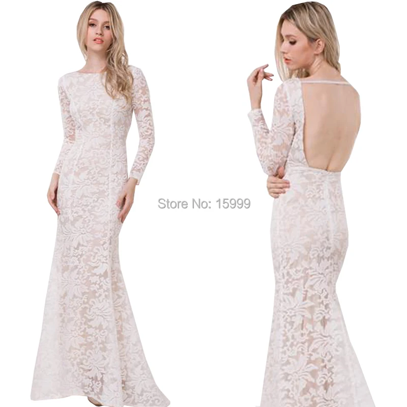 Vestido Sexy de manga larga para mujer, vestido Formal de encaje con cuello redondo y espalda descubierta para fiesta de noche, baile de graduación y boda, nuevo, largo Maxi