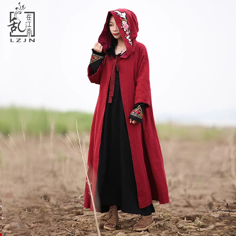 LZJN-Embroidery Trench Coat for Women, Hooded Long Coat, Chinese Style Cloak, Red Cardigan, Black Windbreaker, Vintage Overcoat,