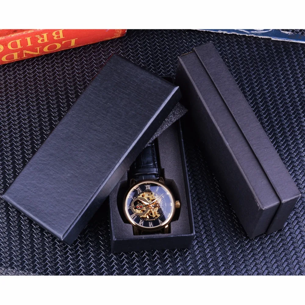 Forsining-Montres Seton pour hommes, modules mécaniques de luxe, design littéral 3D, chiffres romains, cadran noir, design doré, marque supérieure