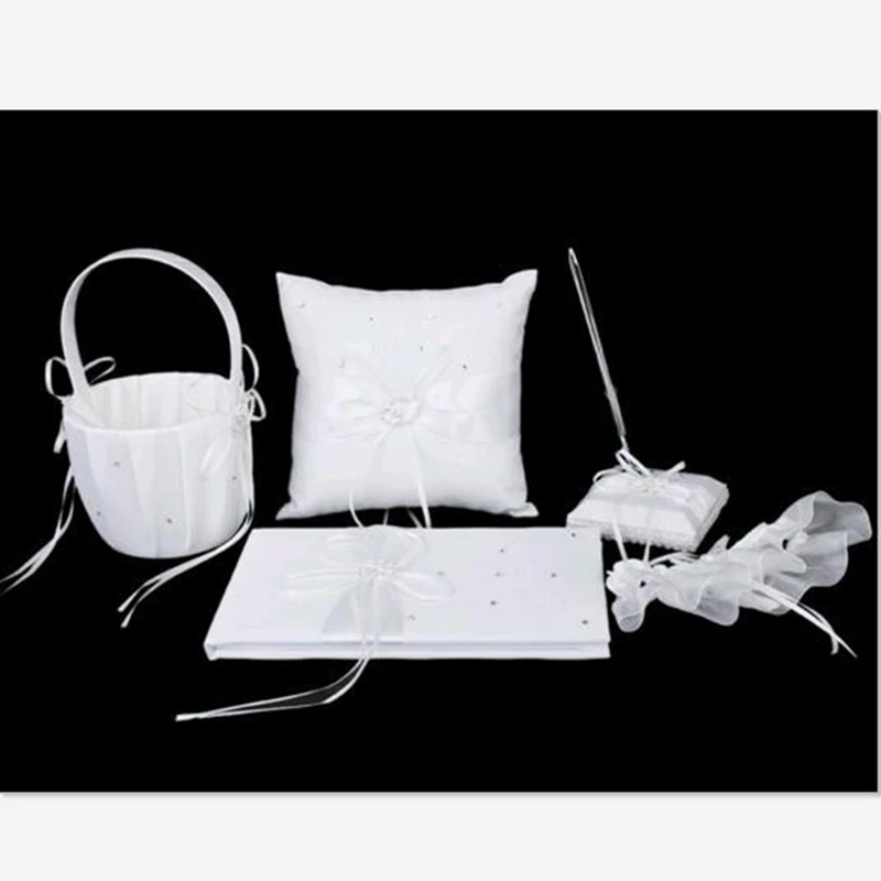 5pcs/set(Guest book+Flower Basket+Pen Holder+Ring Pillow+Garter) Elegant White Rhinestone Decor Wedding Celebration Sets