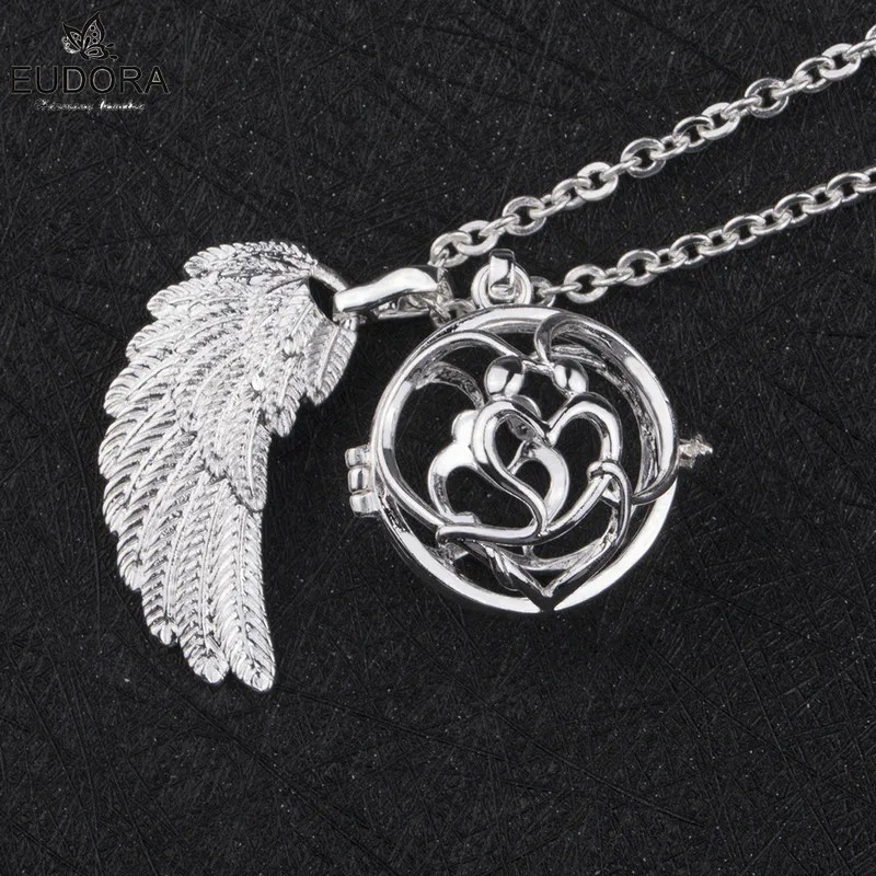 Eudora  20 mm Harmony Bola Ball wing Locket Cage Pendant Angel Caller Chime Ball Sound Mexican Bola Necklace Jewelry FK118N20