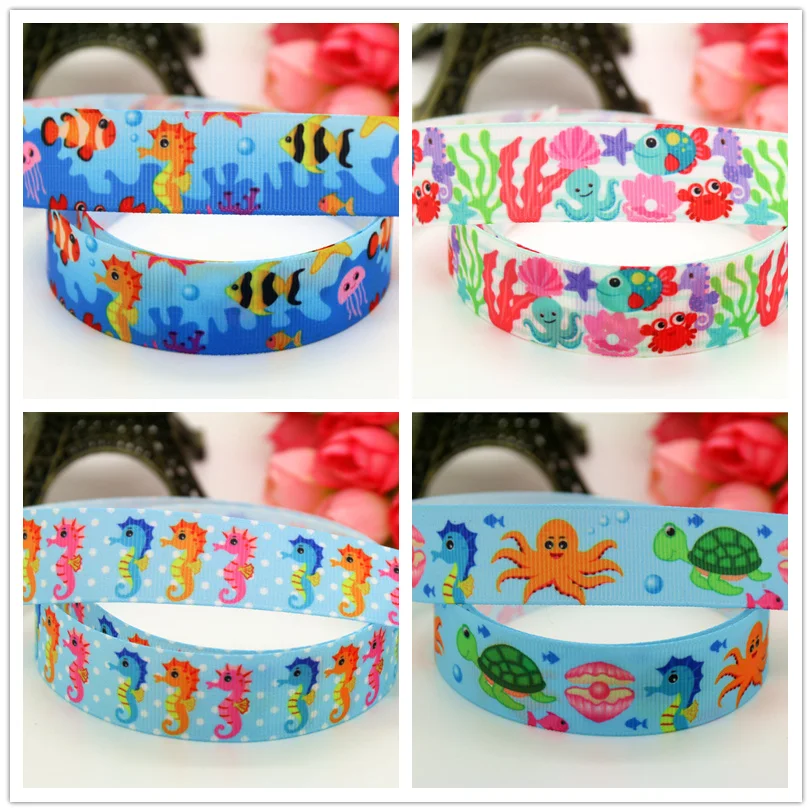 DHK 7/8''  sea horse animals printed grosgrain Ribbon headwear hair bow diy party decoration OEM 22mm B1518