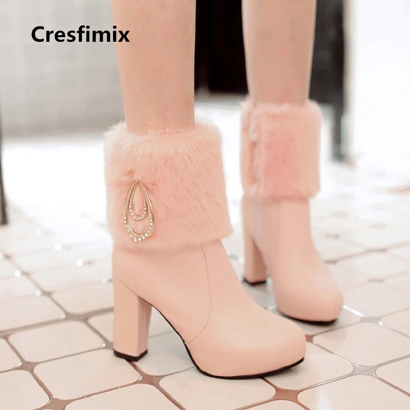 

Cresfimix women fashion comfortable warm winter boots with faux fur lady casual high quality pu leather high heel boots b2319