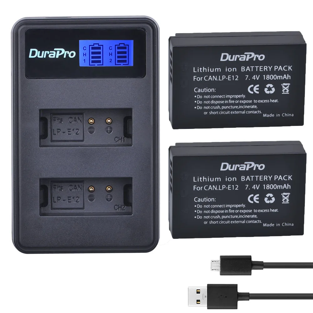 

DuraPro 2pcs LP-E12 LPE12 LP E12 Battery + LCD USB Dual Charger For Canon M 100D Kiss X7 Rebel SL1 EOS M10 DSLR Camera